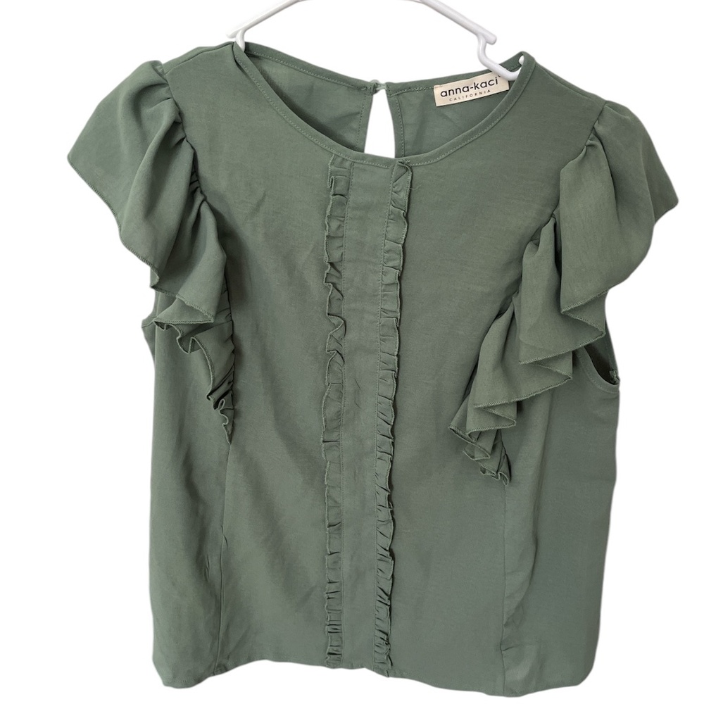 Women’s dressy olive green flutter sleeves top with ruffles